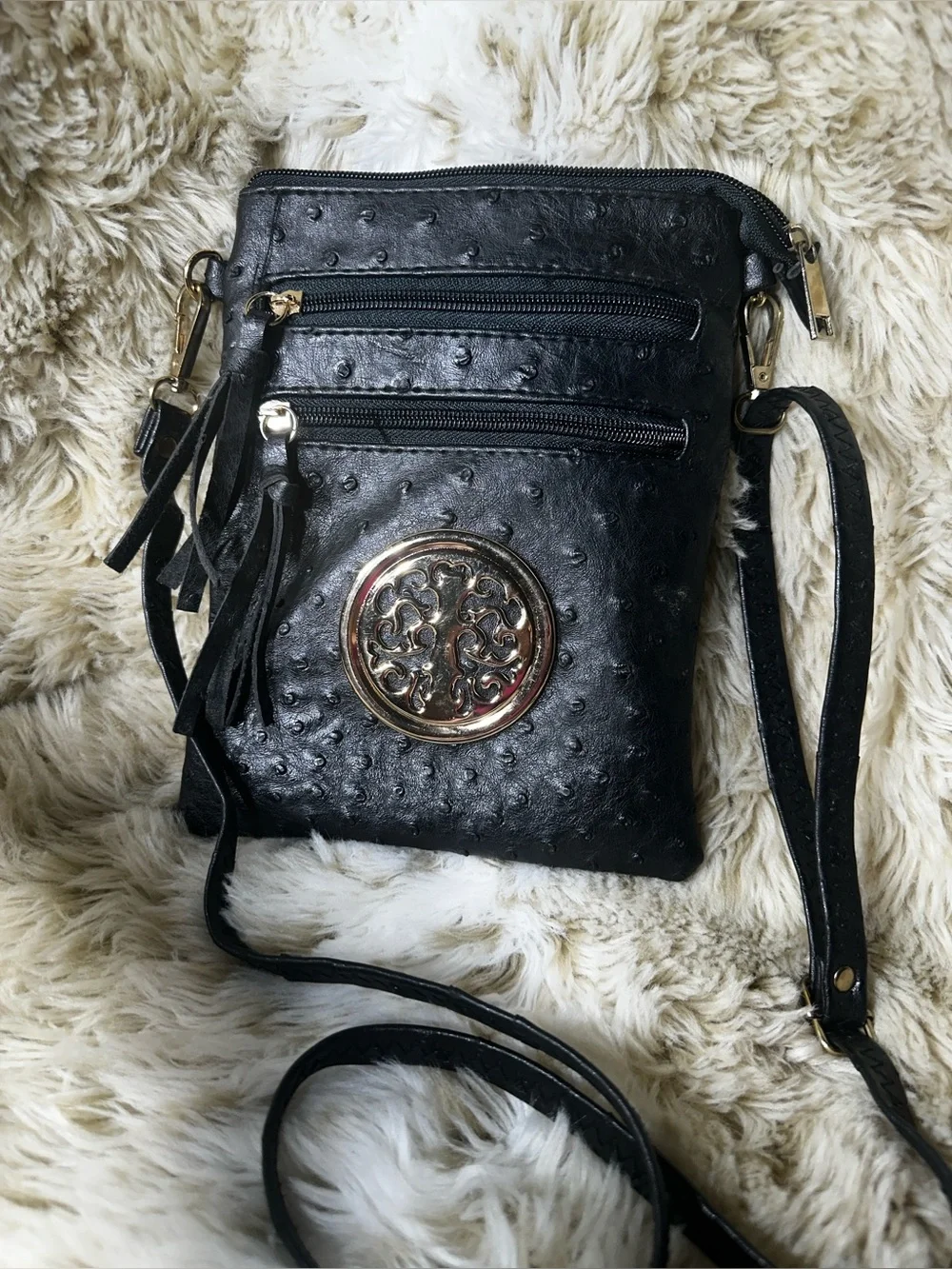 Faux Ostrich Crossbody Bag Black Fringe Travel Purse Gold Medallion Small